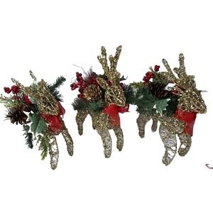 3 Decorative Reindeer Gold With Greenery,‎ Pine Cones & Red Bow 6"